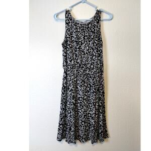 Ann Taylor LOFT Sz 14 Gray Black Floral Sleeveless Keyhole Back Tie Waist Dress